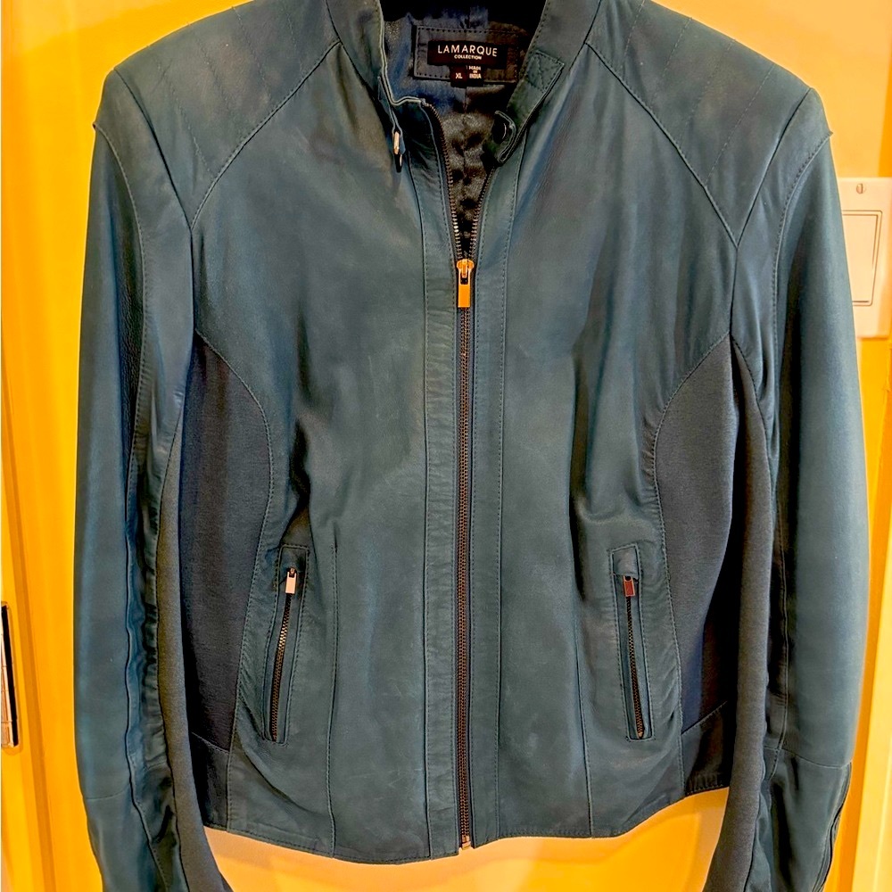 Lamarque Teal-Blue Leather Zip Front Jacket -fits size 10 (label says XL)